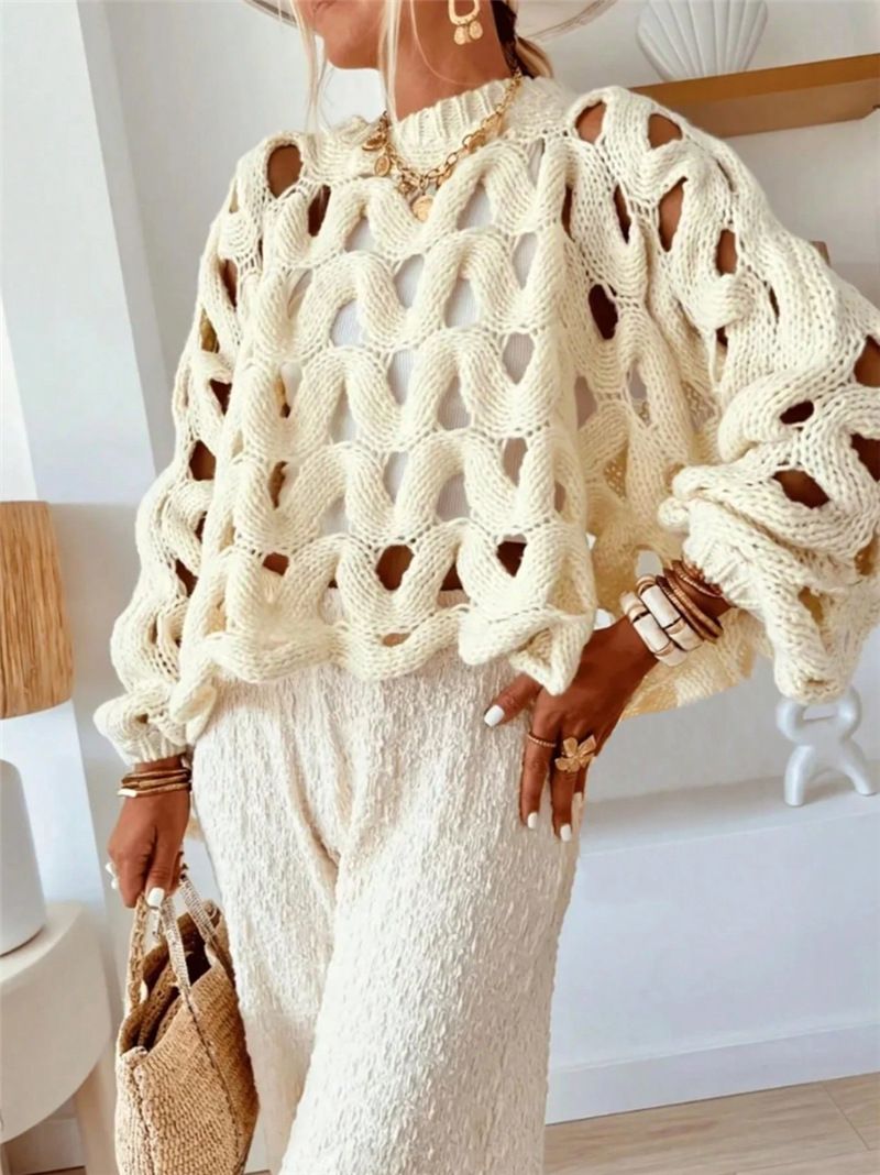 Suéter informal de manga larga con encaje de crochet en color liso para mujer, estilo bohemio playero (blanco, beige, tallas S/M/L/XL)_voghion.com