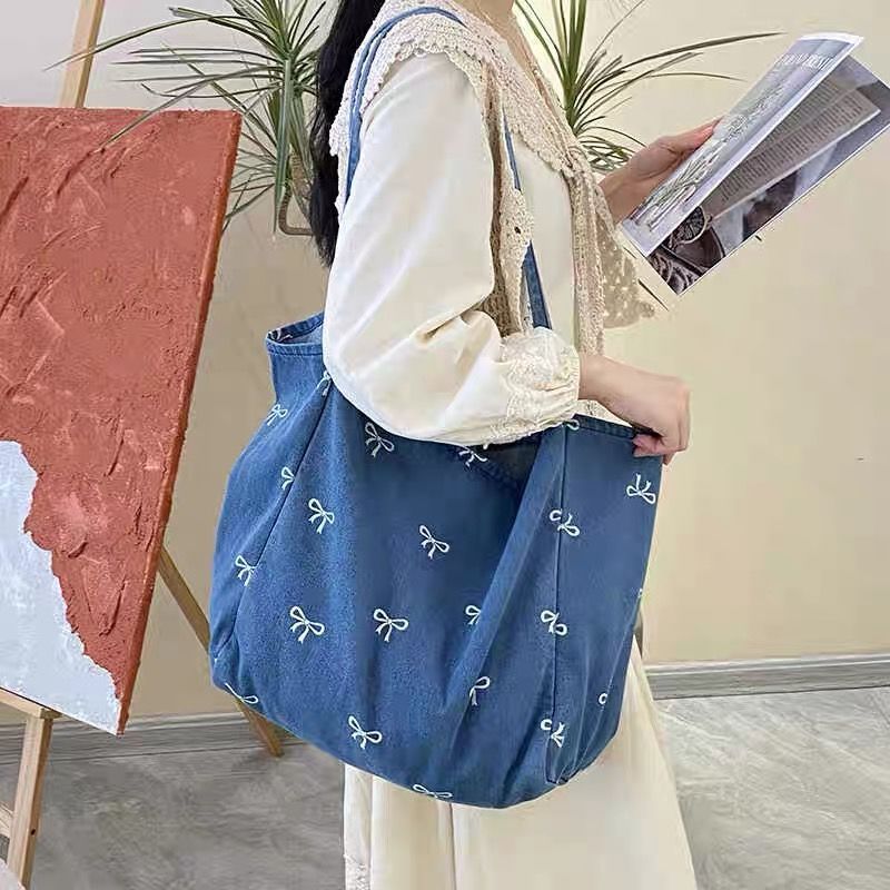 Dámská multifunkční velká plátěná taška přes rameno z kovbojského plátna, modrá, přenosná nákupní taška_voghion.com