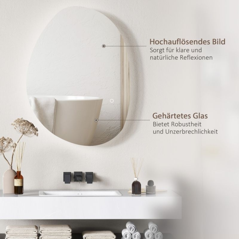 70 X 50 Cm Asymmetrischer Badspiegel Mit LED-Licht, Smart Touch Schalter, Anti-Beschlag-Funktion, Silver_voghion.com