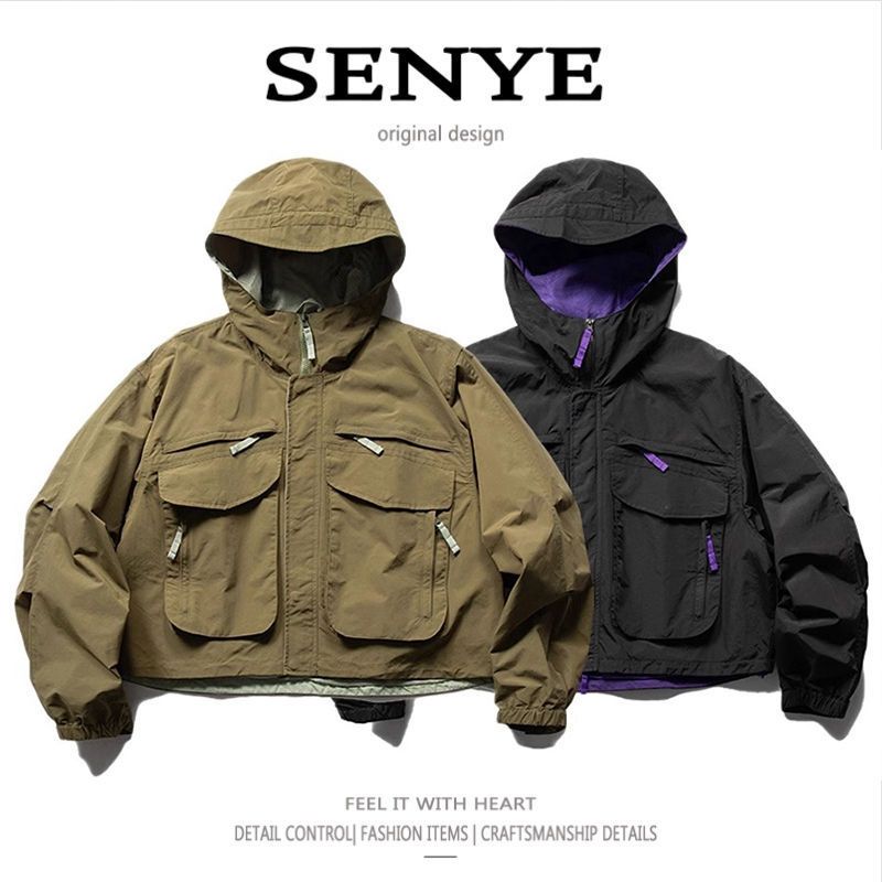 Men's Clothing Retro Hooded Work Jacket Multiple Pockets Short Jacket Silhouette Functional Loose Coat Fashion_voghion.com