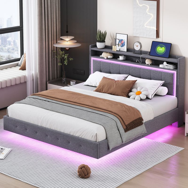 Polsterbett 160x200cm Con USB, LED, Fußen Versteckten, Leinenstoff Grau_voghion.com