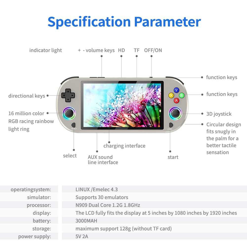 Nuova console per videogiochi portatile tascabile retrò M22 da 128 GB con schermo IPS da 5,0 pollici, display 1920*1080, supporto LINUX_voghion.com