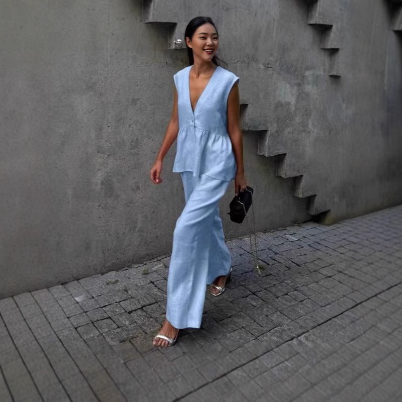 Cotton 2025 New V-Neck Button Sleeveless Top Vest Long Pants Set Solid Color Elegant Commuting Two-Piece_voghion.com