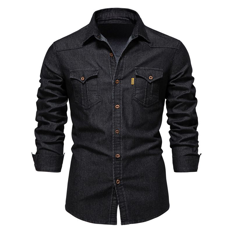 Jeanshemd für Herren – Klassische Langarm-Arbeitskleidung aus Baumwoll-Chambray, sandgewaschen und vorgeschrumpft (15 Farben von Mitternachtsschwarz bis Vintage-Blau)_voghion.com