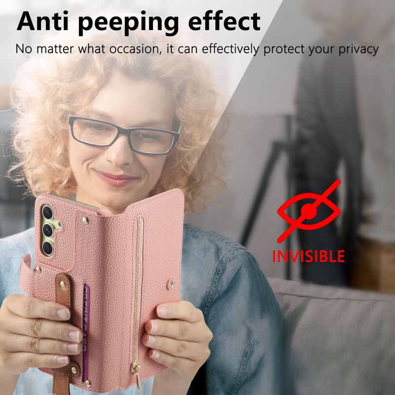 TechGlobe Compatible With Samsung A56 Lychee Pattern Flip Leather S25 Multi-Card Slot A35 Metal Wrist Strap Ring Holder A17 Phone_voghion.com