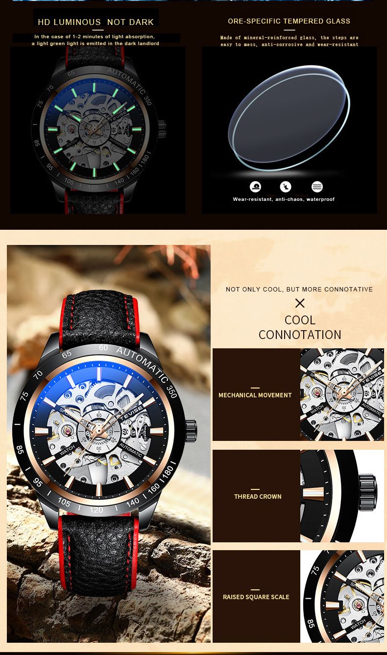 TEVISE men's automatic mechanical watch hollow Tourbillon fashion Men's belt watch T868_voghion.com