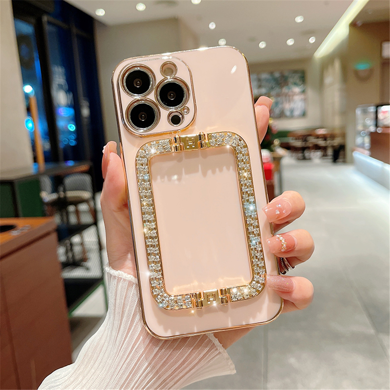 Custodia per placcatura con staffa da polso in metallo con strass di lusso per iPhone 11 12 13 Pro Max Mini XS XR X 8 7 Plus SE 2 SIlicon_voghion.com