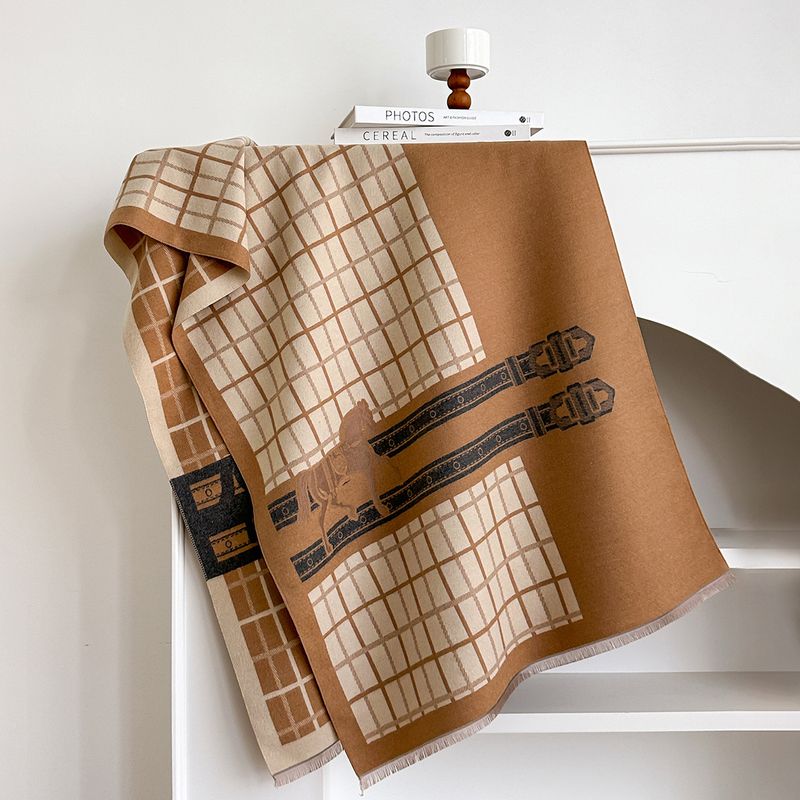 2025 Neuer warmer Kaschmirschal für den Winter für Damen, mittellanger karierter Schal mit Nackenwärmer in Pferdequastenform_voghion.com