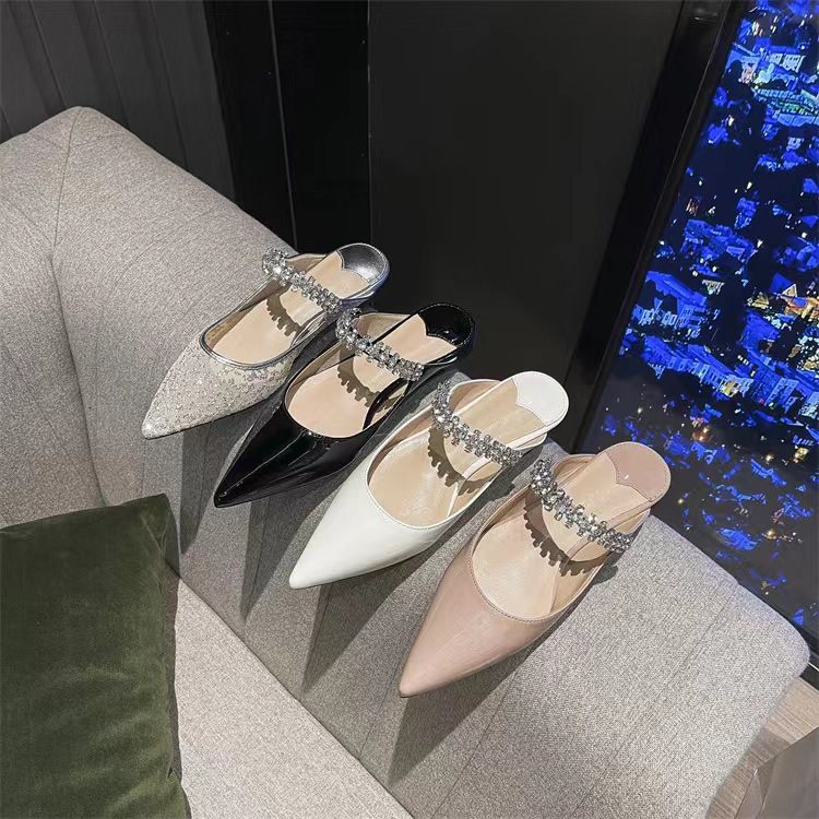 2023Jc Pointed One Line With Shallow Mouthed Baotou Semi Trailer Flat Shoes, Women's Patent Leather Inlaid Diamond Chain_voghion.com