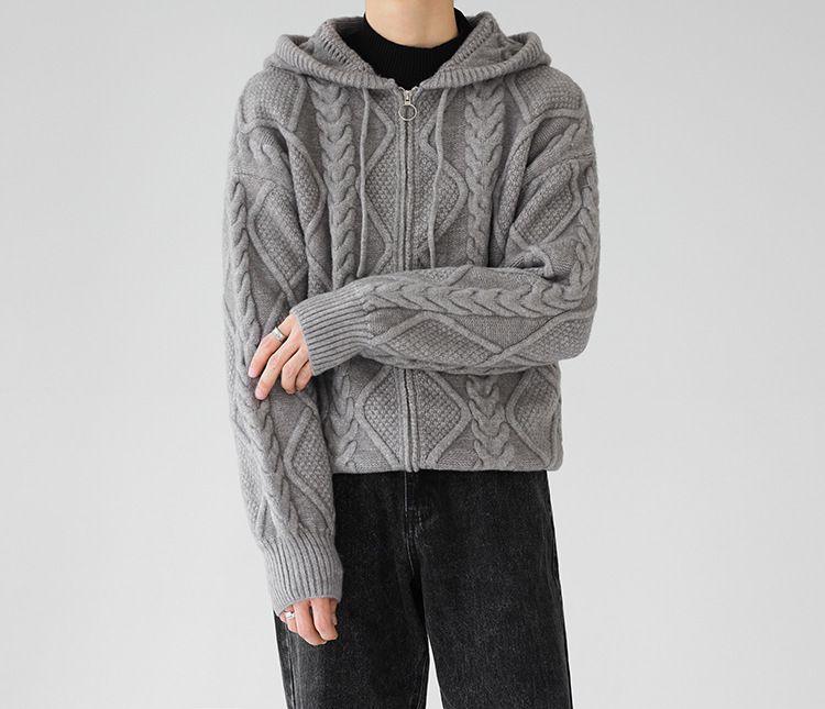 Koreanischer minimalistischer Kapuzenpullover mit Reißverschluss für Herren – Übergroße Strickjacke mit geometrischem Muster und überschnittenen Schultern_voghion.com