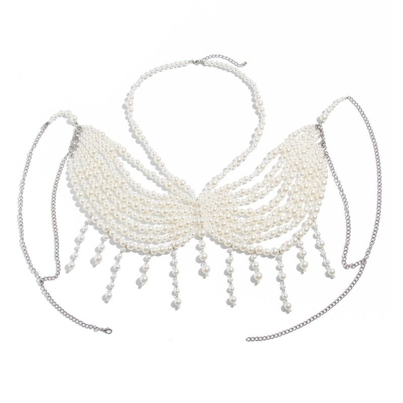 Catena per il petto con perline da bikini da spiaggia, catena per il corpo con frange di perle multistrato_voghion.com