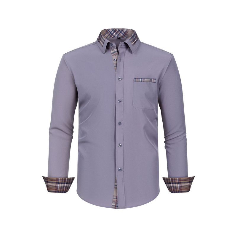 Abbigliamento maschile camicia elasticizzata a quattro lati camicia casual a maniche lunghe da uomo con colletto a quadri sottile da uomo abbinata ai colori_voghion.com