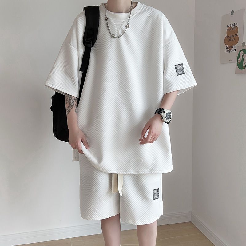 Men's Sports Suit High-End Waffle Texture T-Shirt Shorts Two-Piece Loose Casual Fashion Summer Outfit Trend_voghion.com