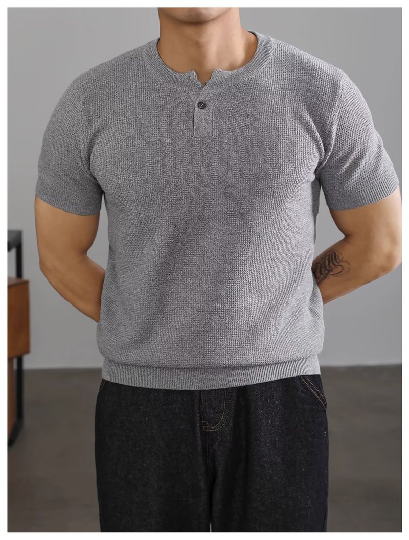 Herrenbekleidung Muster Textur Lässiges T-Shirt mit einfachem Kragen Einfarbig Locker Vielseitiger Kurzarmpullover_voghion.com