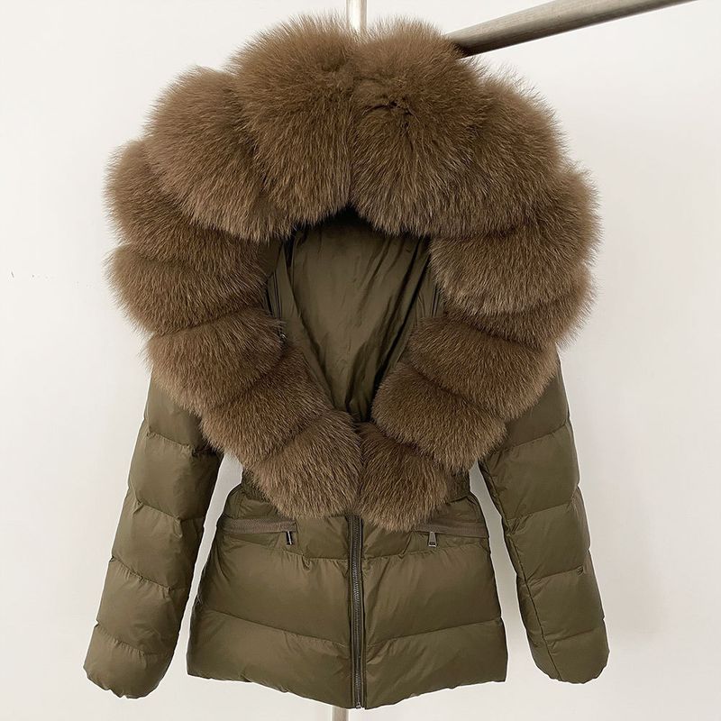 Nuovo stile caldo del commercio estero, giacca corta da donna con collo in vera pelliccia di volpe, giacca in piumino con vita sottile e spessa_voghion.com