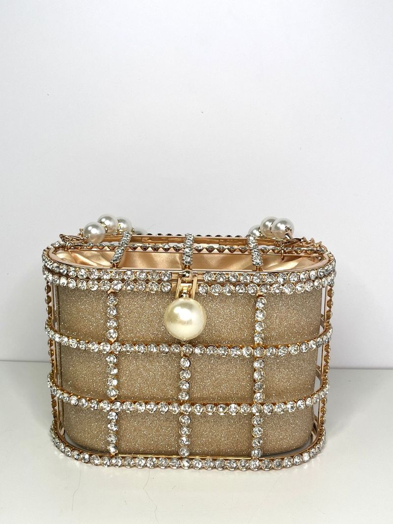 Sac panier en métal style niche français avec strass et perles, pochette de soirée à chaîne creuse pour téléphone portable_voghion.com