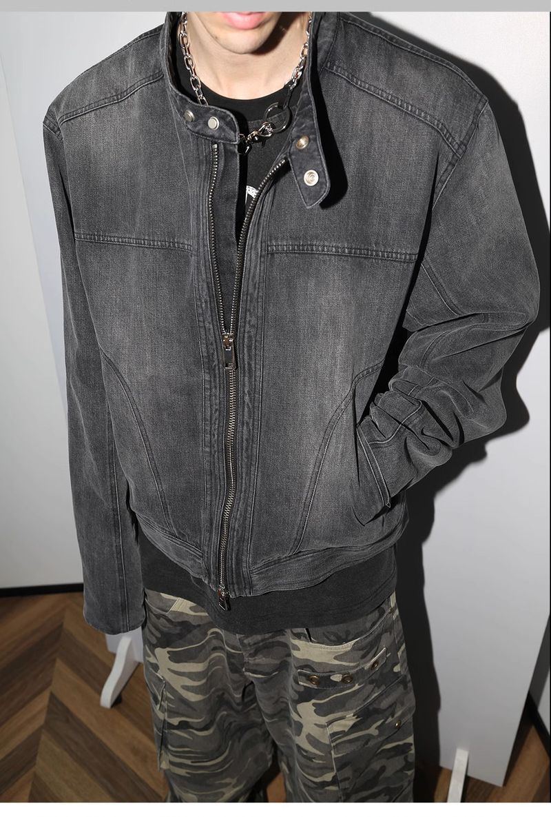 Herrenbekleidung, verwaschene Distressed-Jeansjacke, Vintage-verwaschene Distressed-Jeansjacke für Männer – Streetwear-Mantel mit hohem Halsausschnitt, Oversized-Passform, schwarze Waschung_voghion.com