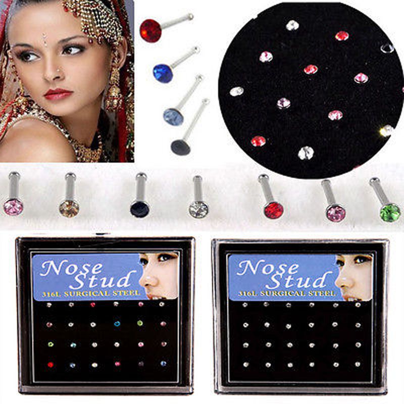 24 pezzi di cristallo anello al naso e borchie moda corpo donna ragazza gioielli in acciaio chirurgico inossidabile piercing al naso strass colorati_voghion.com