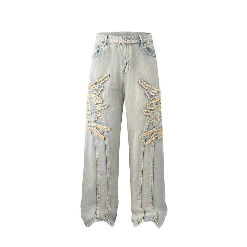 Herrkläder denim applikationer broderi rå kant tvättade distressed jeans herr high street retro byxor med vida ben_voghion.com