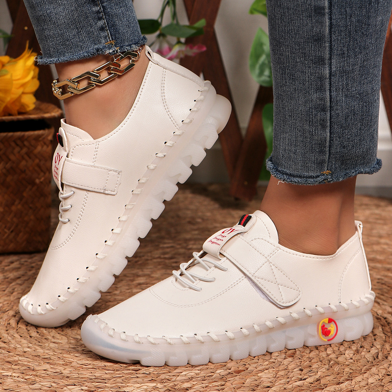 Women's large size 45 size beef tendon soft sole hand stitched Velcro casual shoes_voghion.com