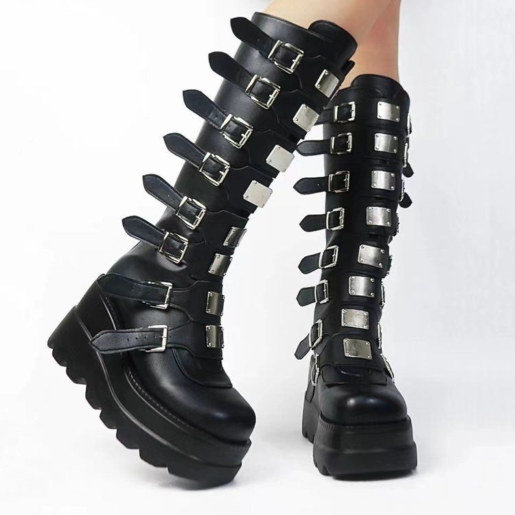 2025 New Metal Buckle Thick Sole High Boots For Women Plus Size_voghion.com
