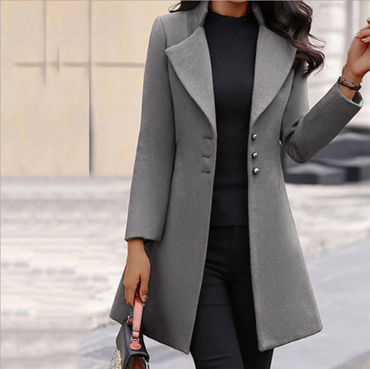 Comemore toamna femei haina cu guler mediu elegant cald iarna jachetă cu un singur nasture culoare solidă turn-down plus size_voghion.com
