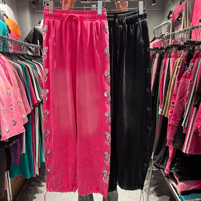 Women's Clothing Heavy Industry Hot Diamond Cartoon Sweatpants Slim Elastic Waist Casual Sports Trousers_voghion.com