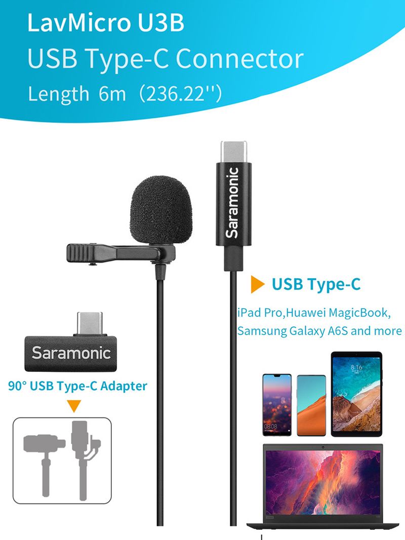 Microphone cravate Saramonic LavMicro U3B à pince pour appareils Android USB-C, ordinateur, enregistrement vidéo YouTube_voghion.com