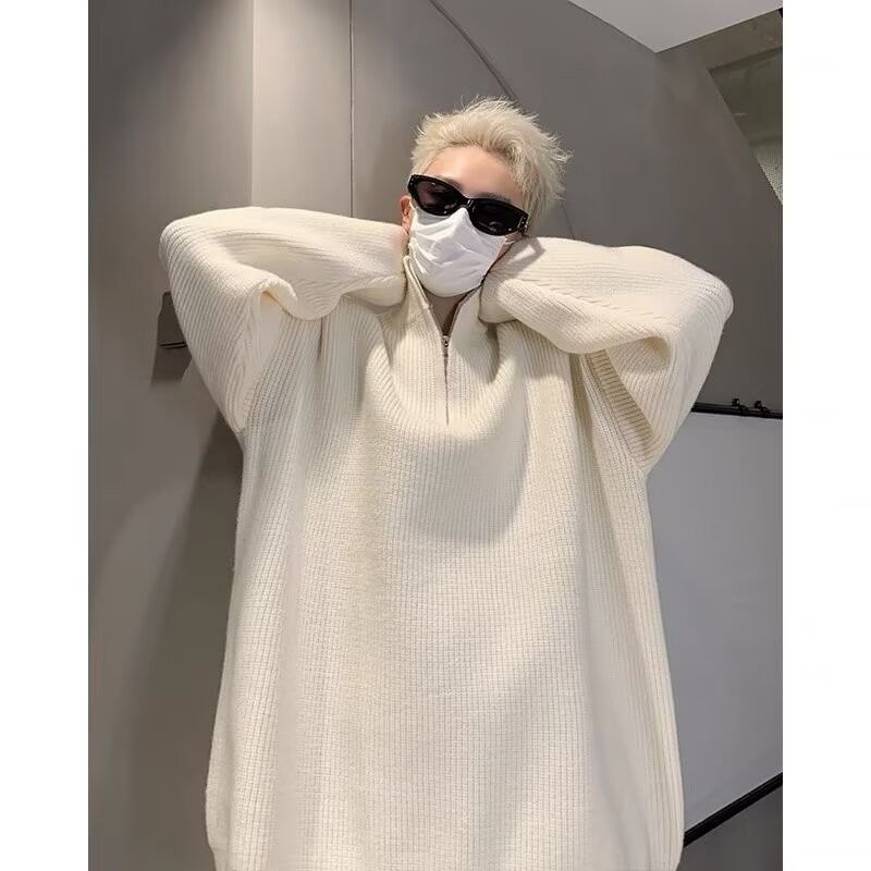 American Style Half-Zip Knit For Men, Autumn Chic High-End Stand Collar Loose Trendy Pullover Sweater_voghion.com