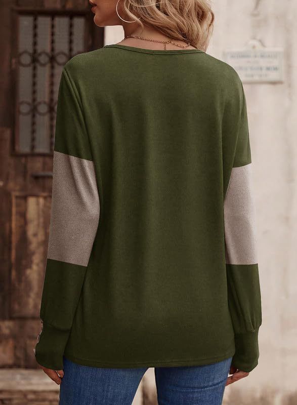 Maglietta a maniche lunghe a contrasto da donna, con bottoni a contrasto, scollo a V casual da donna_voghion.com