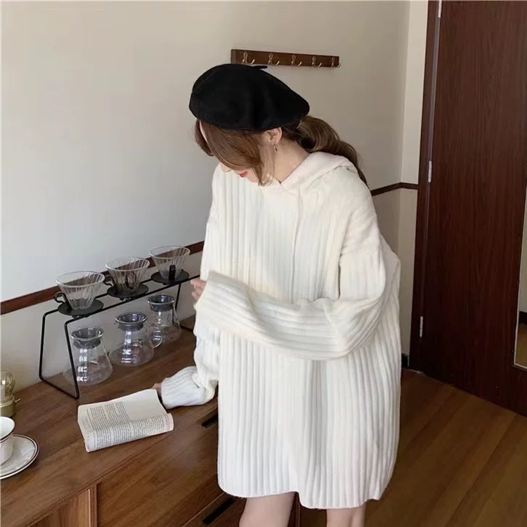 Middellange capuchontrui voor dames, 100% zuiver wollen trui, gebreide trui, herfst/winterjurk, nieuwe losse kasjmier basisjurk_voghion.com