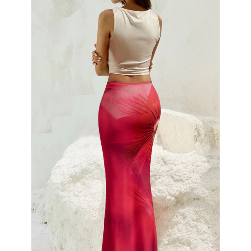 Women's Fashion 2025 New Sexy Slim Fit Floral Gradient Print Crop Top And Mermaid Tail Skirt Set_voghion.com