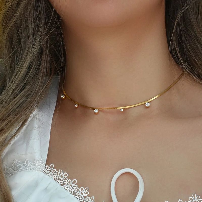 Ensemble de bijoux pour femmes, style rétro simple et tendance, chaîne ronde en acier titane plaqué or véritable et zircone_voghion.com