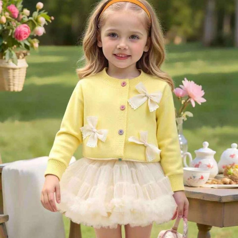 Kinderkleidung Kinder Strickjacke Pullover Mädchen DREI Schleifen Strickjacke Mesh Tutu Rock Prinzessin Süßer Pullover_voghion.com