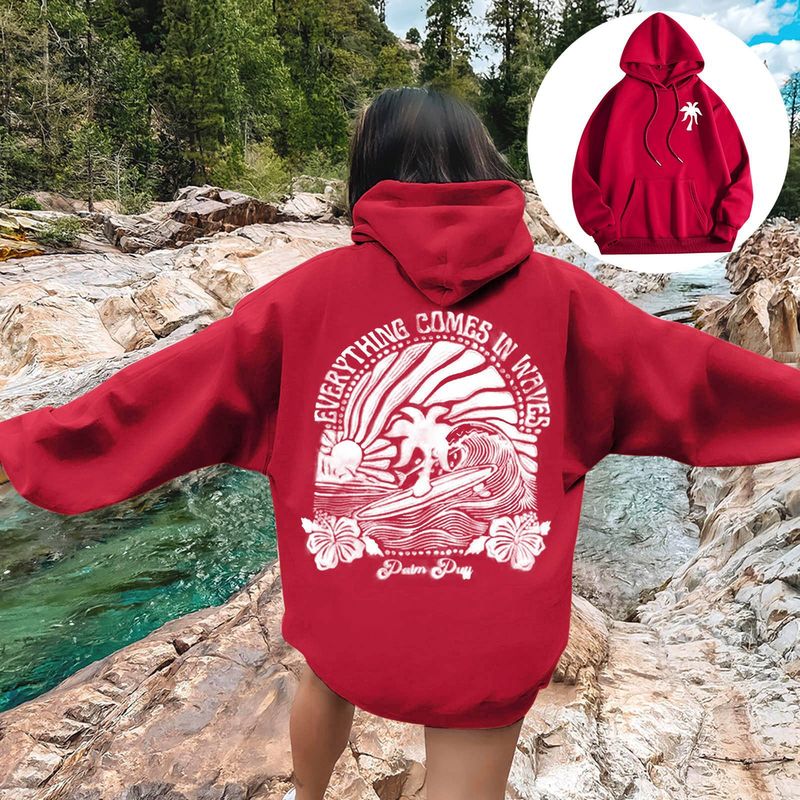 New European Size Fleece-Lined Women's Drop Shoulder Chasing Sunsets Hoodie Printed_voghion.com