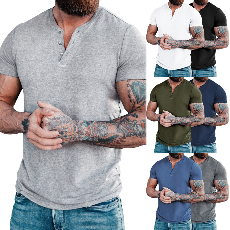 2023 Trendy Herrenmode Europäische Größe 6XL Button Henry Rundhals Kurzarm Slim Fit Einfarbiges T-Shirt_voghion.com