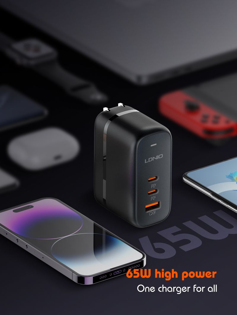 65W USB C GaN Charger With 3 Ports International EU UK US AU Travel Plug Adapter Power Cord_voghion.com
