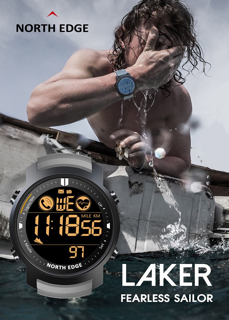 NORTH EDGE Men's Digital Watch Military Waterproof 50M Running Sports Pedometer Stopwatch Watch Heart Rate Wristband Android IOS_voghion.com
