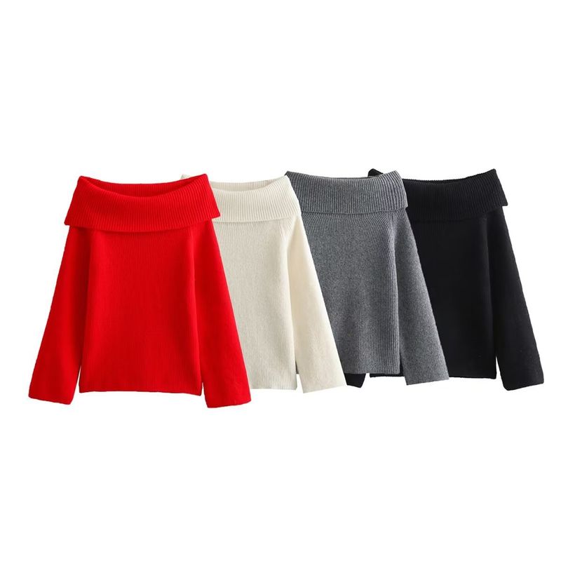 Damen Off-Shoulder Slim Fit Einfarbiger Pullover Herbst Winter Mode Strickwaren Lässiger Pullover Off Shoulder Sexy Slim Einfarbiger Pullover_voghion.com