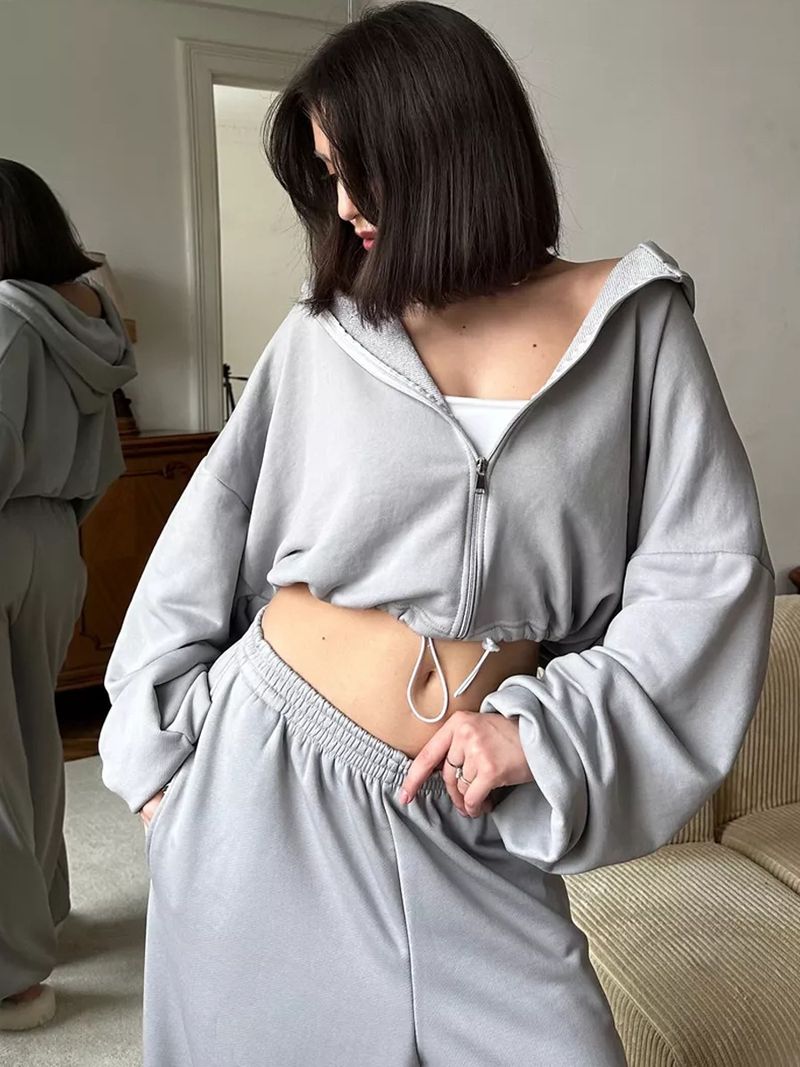 Women's Casual Suit Solid Color Long Sleeved Zipper Cardigan Drawstring Hooded Sweatshirt Sports Elastic Pants Two-piece_voghion.com
