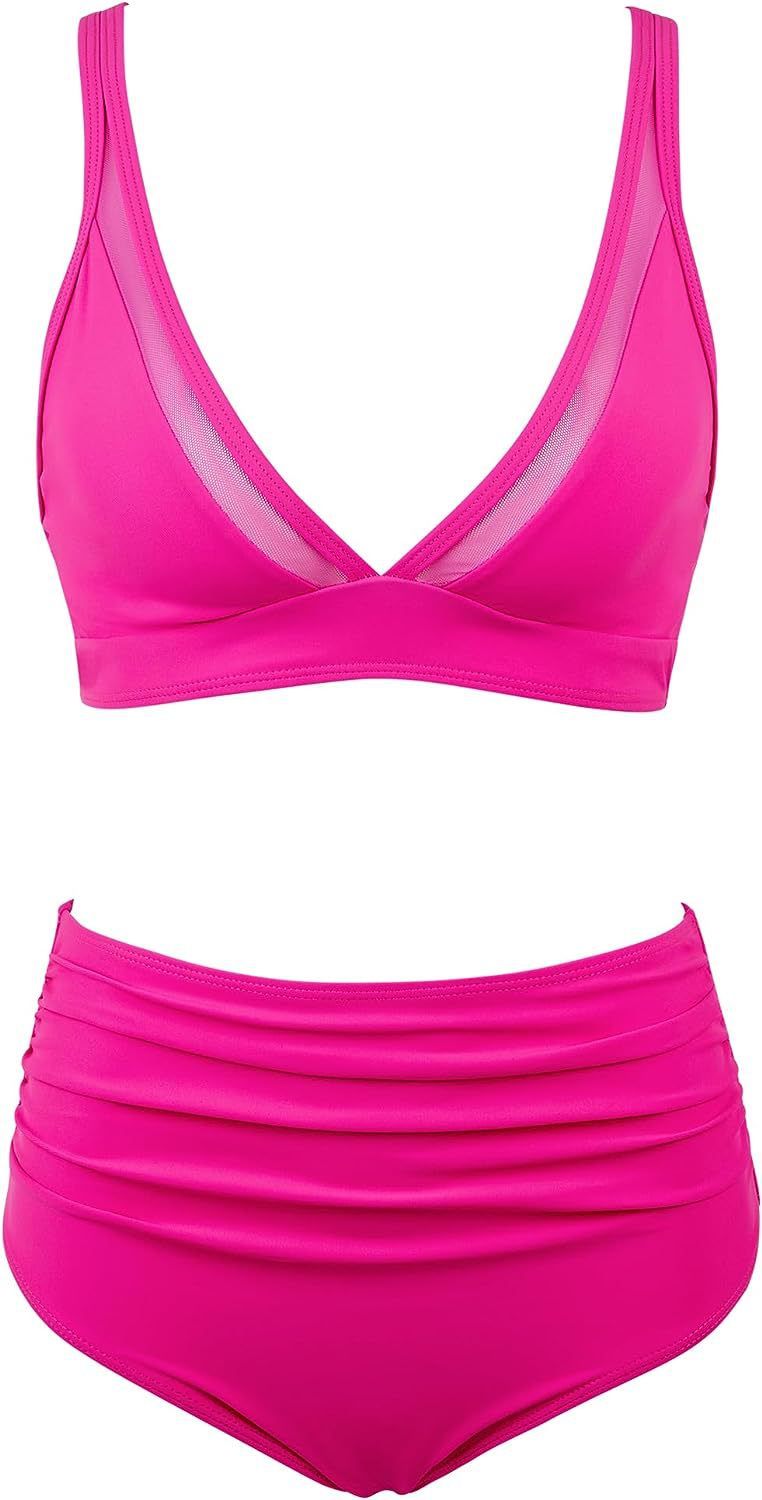 2024 Neuer Bikini mit hoher Taille und Netzstoff, sexy, offener Rücken, plissierter Badeanzug_voghion.com