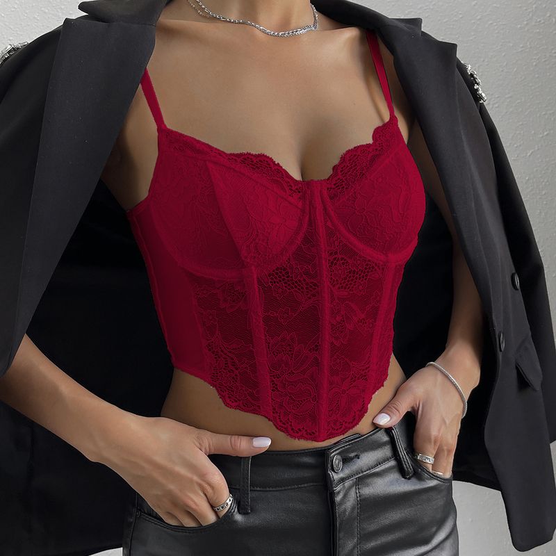 Vemina Sexy Vneck Pizzo Ricamo Hollow Out Spaghetti Strap Slim Crop Top, Trasparente Halter Backless Canotta Canotta Fishbone Corsetto_voghion.com
