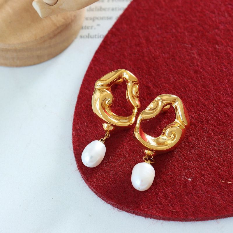 Women's Jewelry Elegant French Hollow Lava Irregular Drop Earrings With Freshwater Pearl For Women_voghion.com