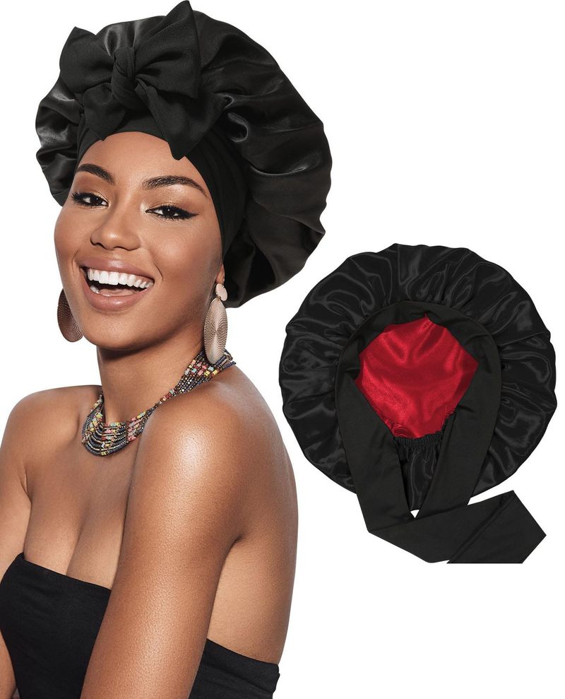 Hijab e turbante elastico a doppio strato da donna in raso con tesa larga, grande cuffia per la cura dei capelli, cappello rotondo con nastro indossabile su entrambi i lati_voghion.com