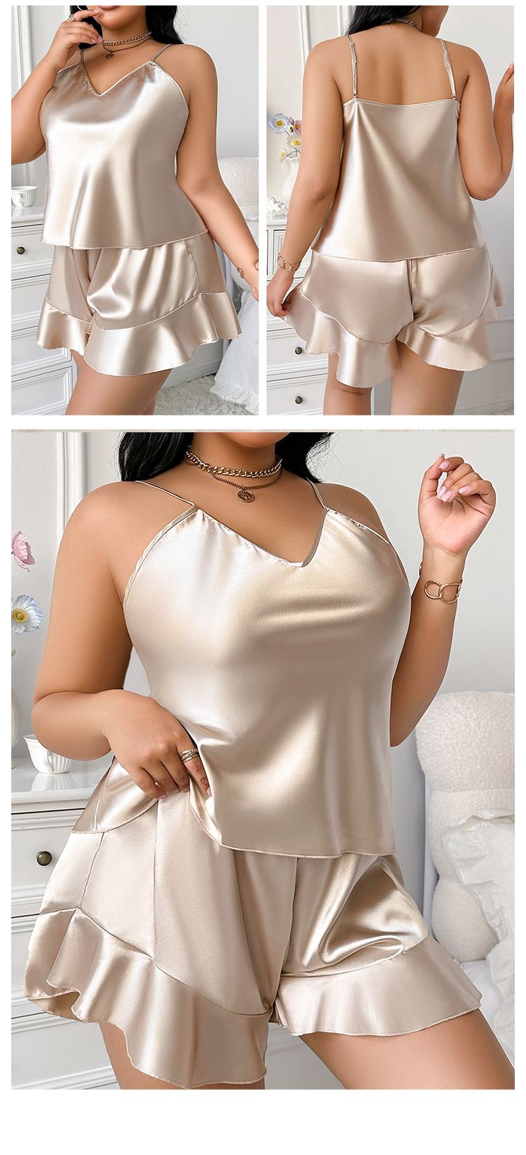 New Plus Size Women's Homewear Set Casual Robe Simple Ice Silk Pajamas Thin Camisole_voghion.com
