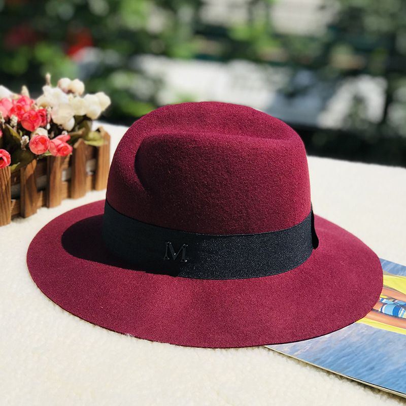 Autumn and winter oblique top hat British pepper letter M wool wide brim hat wool hat_voghion.com