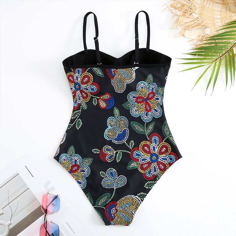 Maillot de bain une pièce pour femme Maillot de bain moulant et rétro imprimé en mousseline de soie avec support en acier et sac rigide_voghion.com