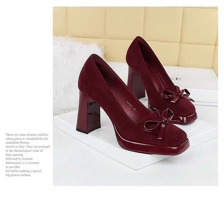 Elegante Plateau-High-Heels mit quadratischer Zehenpartie und Schleifendetail für Damen – Blockabsatz, Slip-On-Design, Bankette, Abendveranstaltungen, Anchora-Rot, Schwarz, Dunkelbraun_voghion.com