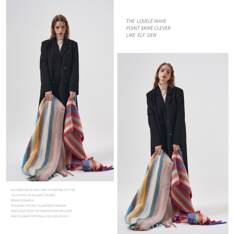Coreano quente impressão cachecol feminino inverno outono engrossar grande arco-íris vertical listrado xale macio cashmere cobertor cachecóis_voghion.com