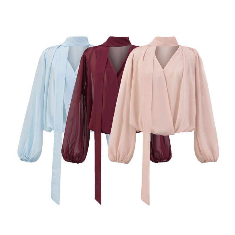 Elegant V-Neck Blouse With Ribbon Tie & Lantern Sleeves – Fog Blue / Charming Purple / Soft Matte Pink (S-L)_voghion.com